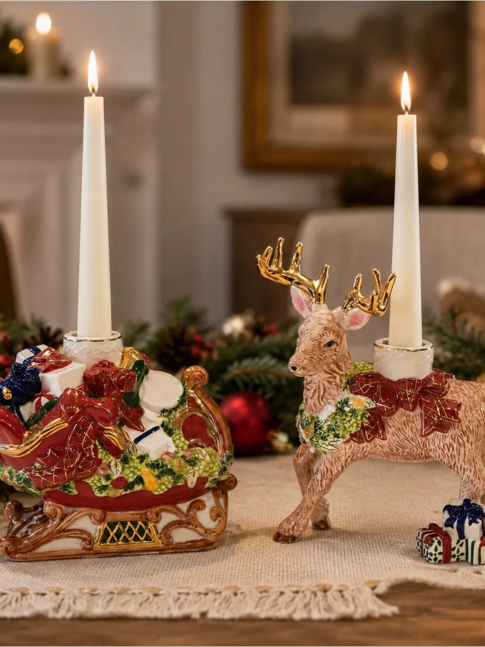 Waterford Holiday Heirloom Red, Gold & Green Reindeer Candle Holders